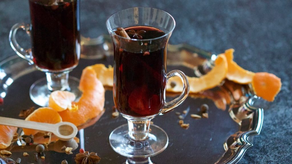 Two cups of mulled wine, a hot drink made with wine, spices and sometimes brandy or rum